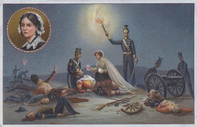Florence Nightingale Kırım Savaşı sırasında savaş alanında yaralılara ve ölenlere yardım ediyordu by Unknown artist