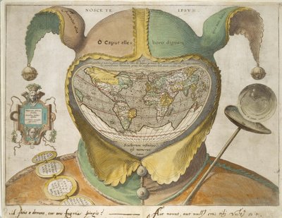 Aptal Şapkası Dünya Haritası, 1590 dolayları (kirli beyaz kağıt üzerine elle boyanmış gravür, demir safra mürekkebiyle yazılar) by Unknown artist