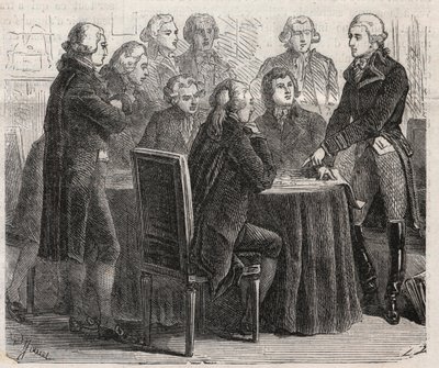 Fransız Devrimi: Kont Louis Marie de Narbonne-Lara (Narbonne Lara) (1755-1813) planlarını meclis komitelerinde gösteriyor - “Şanlı Dünya”da Gravür by Unknown artist