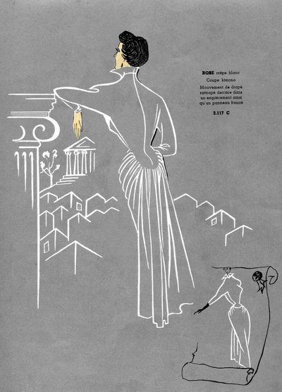 Fransız modası, beyaz krep elbise tasarımı. by Unknown artist