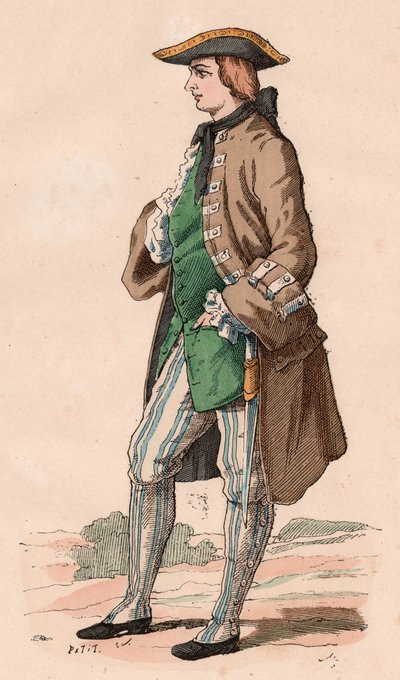 XVIII.Yüzyılda av kostümü giymiş, palto, yelek ve tricorn şapka giymiş, yanında bir hançer olan Fransız beyefendi (renkli gravür) by Unknown