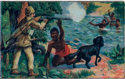Cuma kurtuluşu. Daniel Defoe (De foe) Kitabı için İllüstrasyon “” Robinson Crusoe””. 19. yüzyılın sonlarında kromolitografi. by Unknown artist