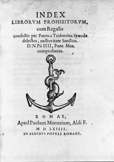 Frontispice of Index Librorum Prohibitorum (Yasaklanmış Kitaplar Dizini veya Index Exurgatorius) 1564'te Roma'da yayınlandı. Roma Katoliklerinin okumasına izin verilmeyen kitapları listeliyor. by Unknown artist