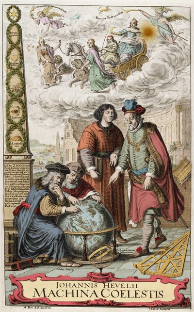 Johannes Hevelius (Jan Heweliusz) (1611-1687) 1673 - Johannes Hevelius (1611-87) Polonyalı astronom tarafından “Machina coelestis”in cephesi; resim dört büyük astronomu gösterir, Hipparchus (MÖ 190-120) (Hipparchus), Ptolemy (MS 83-161) (Claude Ptolemee), by Unknown artist