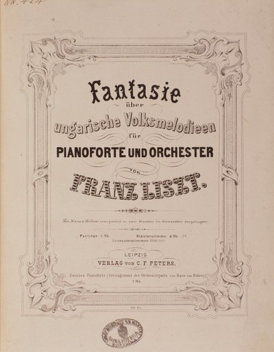 Franz Liszt (1811-1886) tarafından yazılan “” Piyano ve orkestra için fantezi” puanının ön yüzü 19. yüzyıl Bologna, civico museo müzikal by Unknown artist