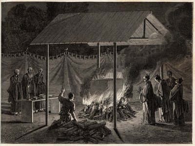 Cenaze törenleri: ritüel yakma. Edouard Charton başkanlığında yayınlanan “Le tour du monde, nouveau dergi des voyages” da İsviçre Konfederasyonu bakanı Aime Humbert tarafından 1863-1864