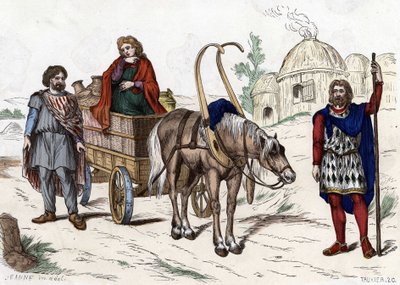 Galyalı konut, kadın, köylü, savaş arabası, zengin çiftçi, koşum takımı - “” Yüzyıllar boyunca Fransızların sivil ve askeri kostümlerinde Paris F. Roy 1882 ””. by Unknown artist