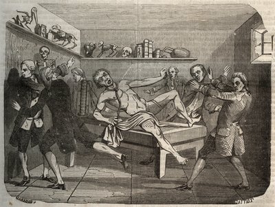 Alessandro (Alexandre) Volta yığını ile bir cellat cesedinin galvanizlenmesi: elektriğin etkisi altında ceset hayata geri dönmüş gibi görünüyor. “Le Musee Des Sciences” da 1856