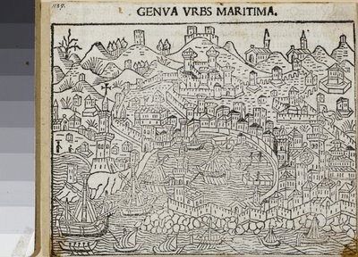 Bir deniz kenti olan Cenova, Jacopo Filippo Foresti'nin 'Supplementum Chronicarum'dan, Venedik 1486 (gravür) by Unknown artist