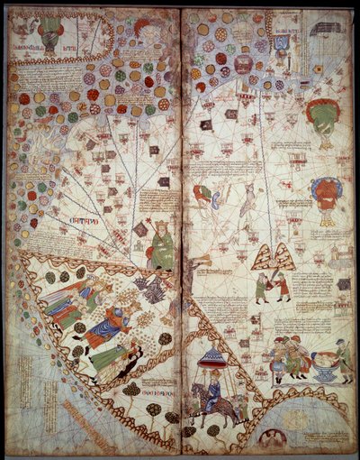 Coğrafi harita: Çin, Ganj Vadisi, Sumatra, Ceylan. Katalan Atlası (Katalan haritası) (İspanya). Abraham Cresques