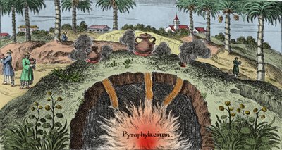 Jeoloji: ateşin dünyadan çıkışını açıklayan dünyanın kabuğunu kesmek. Johann Zahn'ın (1631-1707) “Mundi Mirabilis Oeconomia” adlı gravürü by Unknown artist