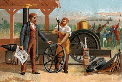 George Stephenson (1781-1848) icatlarından biriyle temsil edildi: lokomotif. 19. yüzyılın geç kromolitografisi. by Unknown artist