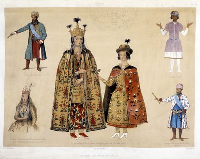 16. ve 17. yüzyıllarda Gürcü kostüm panosu: Kral Irakli (1744 - 1798), Gheorghi X (1687), Prenses Chartchevadze (Gürcistan Büyükelçisi Catherine II 1780 altında St. Petersburg), Kraliçe Mary (Mingrelie Dadian