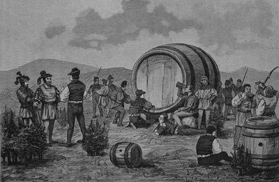 Alman Köylü Savaşı (1524-1526): Köylüler büyük bir şarap fıçısıyla ardıç ağaçlarında kamp kuruyor by Unknown artist