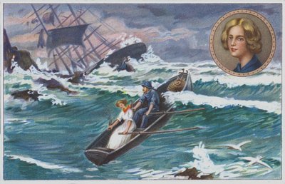 Grace Darling, 1838 yılında batan "Forfarshire" gemisinden kurtulanları kurtarmak için babasıyla birlikte kürek çeker. (chromolitho) by Unknown artist