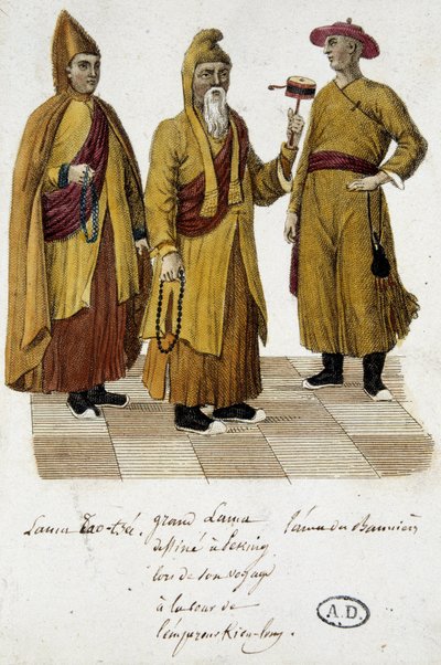Grand Lama ve Lama Lao-Tseu (?) Pekin mahkemesini ziyaret ediyor - gravür by Unknown artist