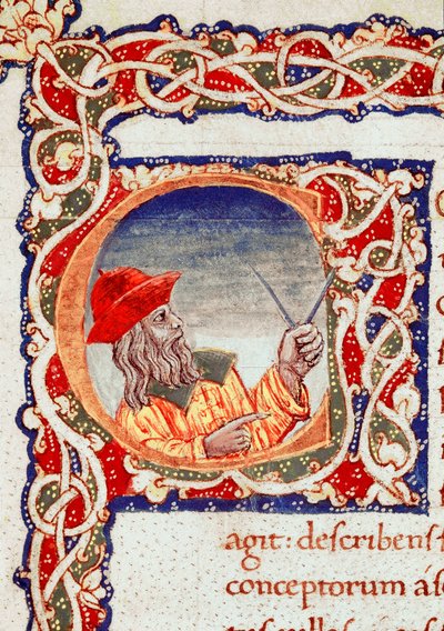 Yunan astronom Claude Ptolemee (Claudius Ptolemaeus) (MS 90-168 civarında) hesaplama yapmak için bir comppa kullanıyor “Cosmographia”dan (Ms. V.F. 32 f.2r) alınan minyatür Napoli, Ulusal Kütüphane by Unknown artist
