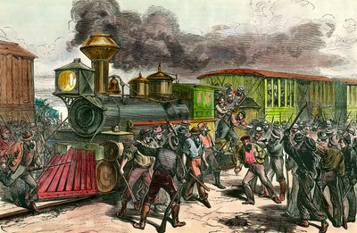 Baltimore, Ohio'yu birbirine bağlayan demiryolu hattında Greve İşçiler, Baltimore'a giden bir trenden sürücüleri ve mühendisleri kovalıyor. 1877 19. yüzyıl gravür Özel Koleksiyon by Unknown artist
