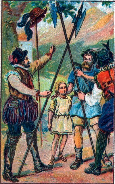 Guillaume Tell (William Tell) (İsviçre bağımsızlığının efsanevi kahramanları) boyun eğmeyi reddetti. 19. yüzyılın sonlarında kromolitografi. by Unknown artist