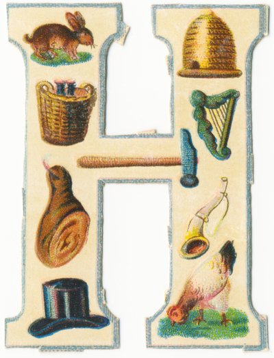 H: tavşan, kovan, hasat sepeti, arp, çekiç, jambon, boynuz, şapka, tavuk (renkli taş) by Unknown artist