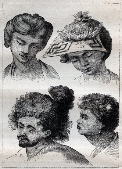 Taiti (Tahiti) sakinlerinin saç modelleri - “18. Yüzyılın Büyük Denizcileri”nden alınan resim” by Unknown artist