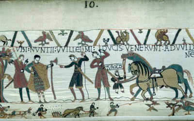 Normandiya Dükü Fatih William'a (1027-1087) İtirafçı Edward'ın ölümüyle İngiltere tahtının halefi olacağını bildirmek için gelen Harold, Kont Guy de Ponthieu tarafından esir alındı. Normandiya Dükü elçiler gönderdi. by Unknown artist