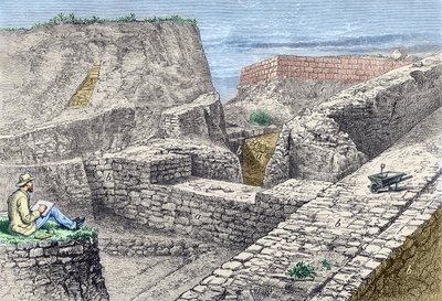 Heinrich Schliemann kazılar sırasında Truva (Hissarlık) surlarının çizimlerini yaparken by Unknown artist