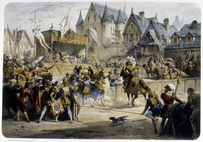 II. Henri (1519 - 1559) 29 Haziran 1559, rue St Antoine, Palais des Tournelles önünde Montgomery tarafından ölümcül şekilde yaralandı - litografi by Unknown artist
