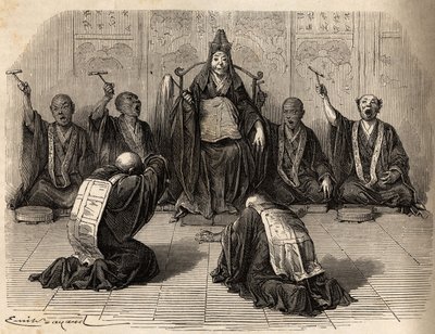 Yüksek Budist rahip, ayinini gong ve zillerle ritmik hale getiren öğrencileriyle çevrili, hayran olunuyor. İsviçre Konfederasyonu bakanı Aime Humbert tarafından 1863-1864