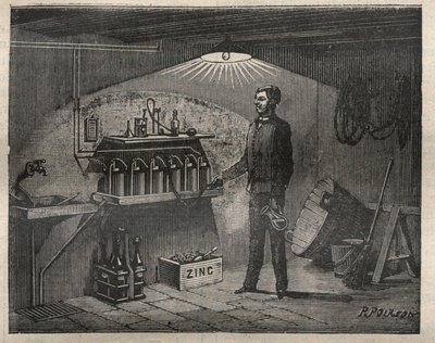 Ev Elektrik: Radiguet tarafından bir mahzende icat edilen pilin montajı - “La Science francaise” de Gravür by Unknown artist