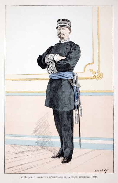 Honorat, Belediye Polisi Tümen Müfettişi (1884). Renklerde gravür, illüstrasyon için, Seine Polisi Louis Lepine (1846-1933) himayesinde yayınlanan ““Barış Muhafızları Kolordu Tarihi”” kitabı, Alfred Rey tarafından by Unknown artist