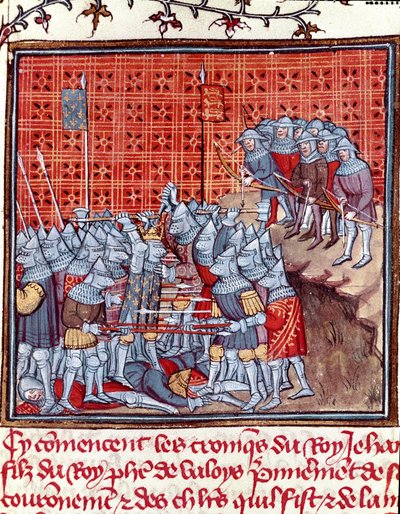 Yüz Yıl Savaşları: “” Fransa Kralı İyi John (1319-1364) bir savaş sırasında””” Minyatür “” Les grandes Chronicles de France””” Jean Froissart (1337-1400) 14. yüzyıl Chantilly , Musee Conde by Unknown artist