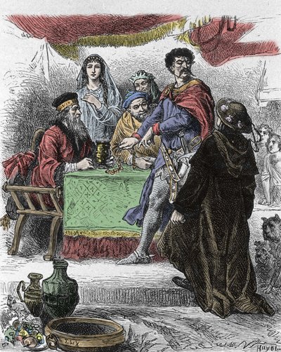 İskoç yazar Walter Scott (1771-1832) tarafından “Ivanhoe” için illüstrasyon: Ivanhoe, Sakson Şövalye Brian de Bois Guilbert tarafından sorgulanıyor. by Unknown artist