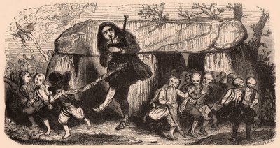 Breton geleneklerinden sonra bir efsanenin illüstrasyonu: Lao gaydacı ve bir dolmenin önünde dans eden goblinler by Unknown