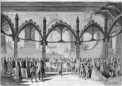 Çizgi Roman Operası İmparatorluk Tiyatrosu: Sahne IV, Daniel Francois Esprit Auber (1782-1871) tarafından yazılan “Mutluluğun İlk Günü” operasının II. Perdesi. "" Şanlı Evren "de Gravür by Unknown artist