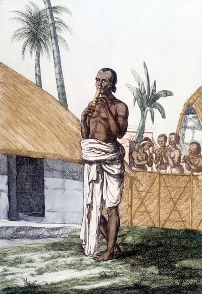 Hint kültürü ve uygarlığı: bansuri flüt çalan müzisyen, geleneksel müzik aleti, Hindistan. 1808 gravür. by Unknown artist