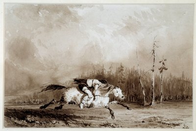 Amerika Yerlisi: “” Bağlanmış bir adamı taşıyan dört nala koşan bir at”” Anonim çizim. 19. yüzyıl La Rochelle, Musee du Nouveau Monde by Unknown artist