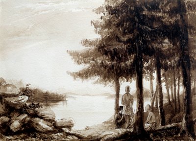 Kızılderililer bir gölün kıyısında. 19. yüzyıl litografisi. La Rochelle, Yeni Dünya Müzesi by Unknown artist