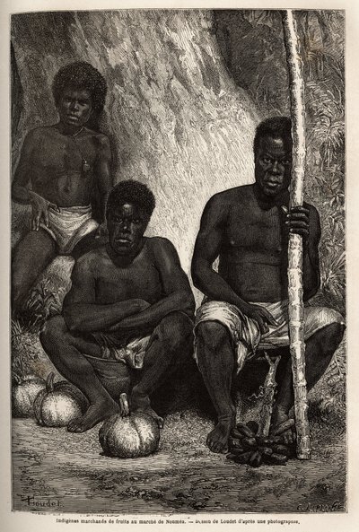 Yerliler meyve tüccarı, Noumea (Yeni Kaledonya) pazarında. Maden inşaat mühendisi Jules Garnier tarafından 1863