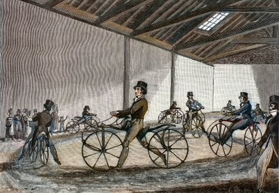 Hobi atı için manejin iç görünümü. Bisiklet süren adam (Baron Karl Drais tarafından icat edilen pedalsız bisikletler) by Unknown artist