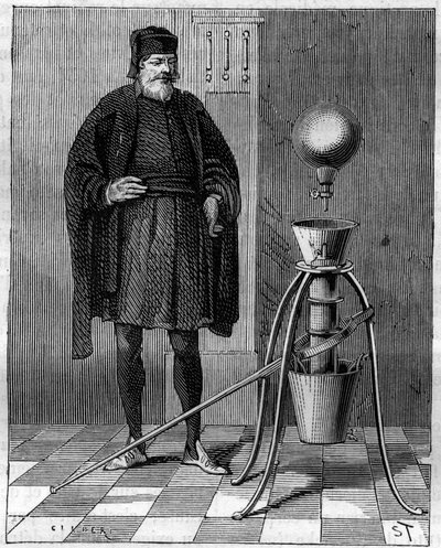 Buluş: Alman mucit Otto de Guericke (Otto de Guericke) (1602-1686) tarafından üretilen pnömatik makine. “” La Nature” da gravür by Unknown artist