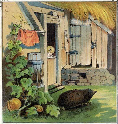 Jacques, evinin avlusunu geçen bir herisson gözlemler. “” Scenes enfantines”den kromolitografi, ed. Guerin - Müller dolaylarında 1885. by Unknown artist