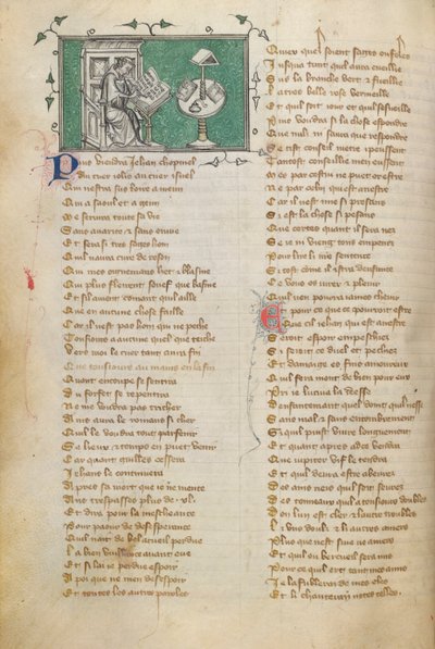 Jean de Meun, Roman de la Rose'da (f. 28'de başlayan) şiirinin açılış sözlerini yazıyor. by Unknown artist