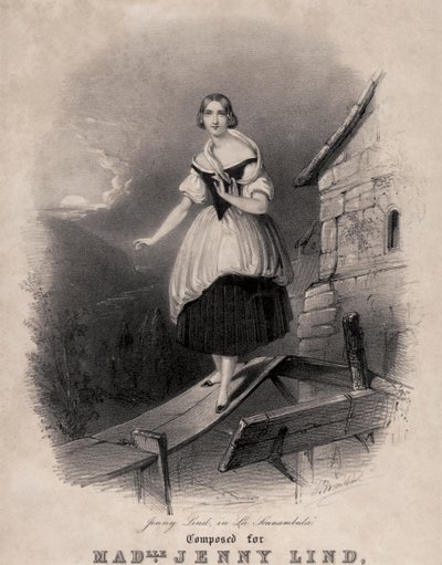 Jenny Lind, İsveçli soprano, Bellini'nin La sonnambula'sının uyurgezerlik sahnesinde by Unknown