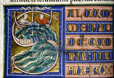 Yunus denize atılır ve büyük bir balık tarafından yutulur. 14. yüzyıl el yazması. Belediye Bibl. Vercelli