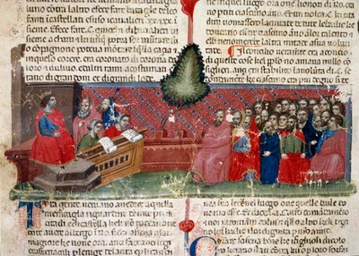 Jules Cesar (MÖ 101-44) tahtta Bir el yazması sayfasının detayı “Romalıların Gerçekleri” (Bayan 1538) yaklaşık 1340 Floransa, Biblioteca Riccardiana by Unknown artist