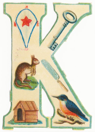 K: uçurtma, anahtar, kanguru, bıçak, köpek kulübesi, yalıçapkını (renkli taş) by Unknown artist