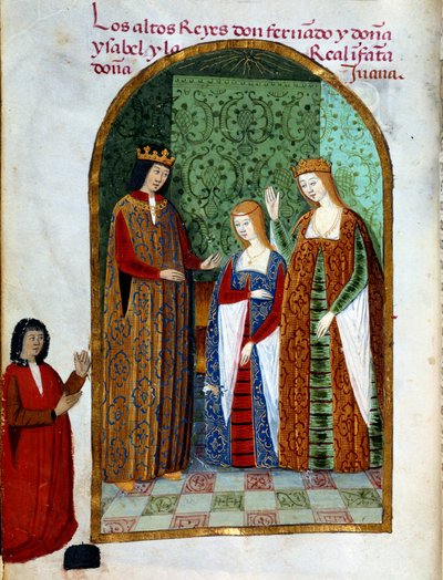 Kral Ferdinand II, Aragon ve Sicilya Kralı (1452 - 1516), Joan, Kastilya Kraliçesi (1479 - 1555) ve Kastilya 1. Isabella (Katolik olarak bilinir), İspanya Kraliçesi (1451 - 1504). Minyatür “” Devocionario de la Reyna Da Juana a Quien Llamaron la Loca”” by Unknown artist