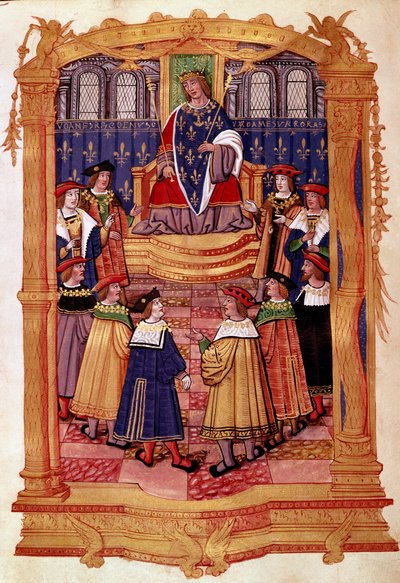 Kral Louis XI (1423-1483) ve “” Saint Michael Düzeninin Tüzükleri” el yazmasından Saint Michael Minyatür Nişanı Şövalyeleri 15. yüzyıl Milan, Biblioteca Trivulziana by Unknown artist
