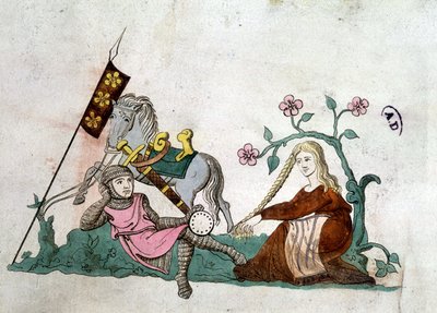 Knight ve Gente Lady - 14. yüzyıldan kalma bir “Latin Mezmur”dan sonra üreme by Unknown artist